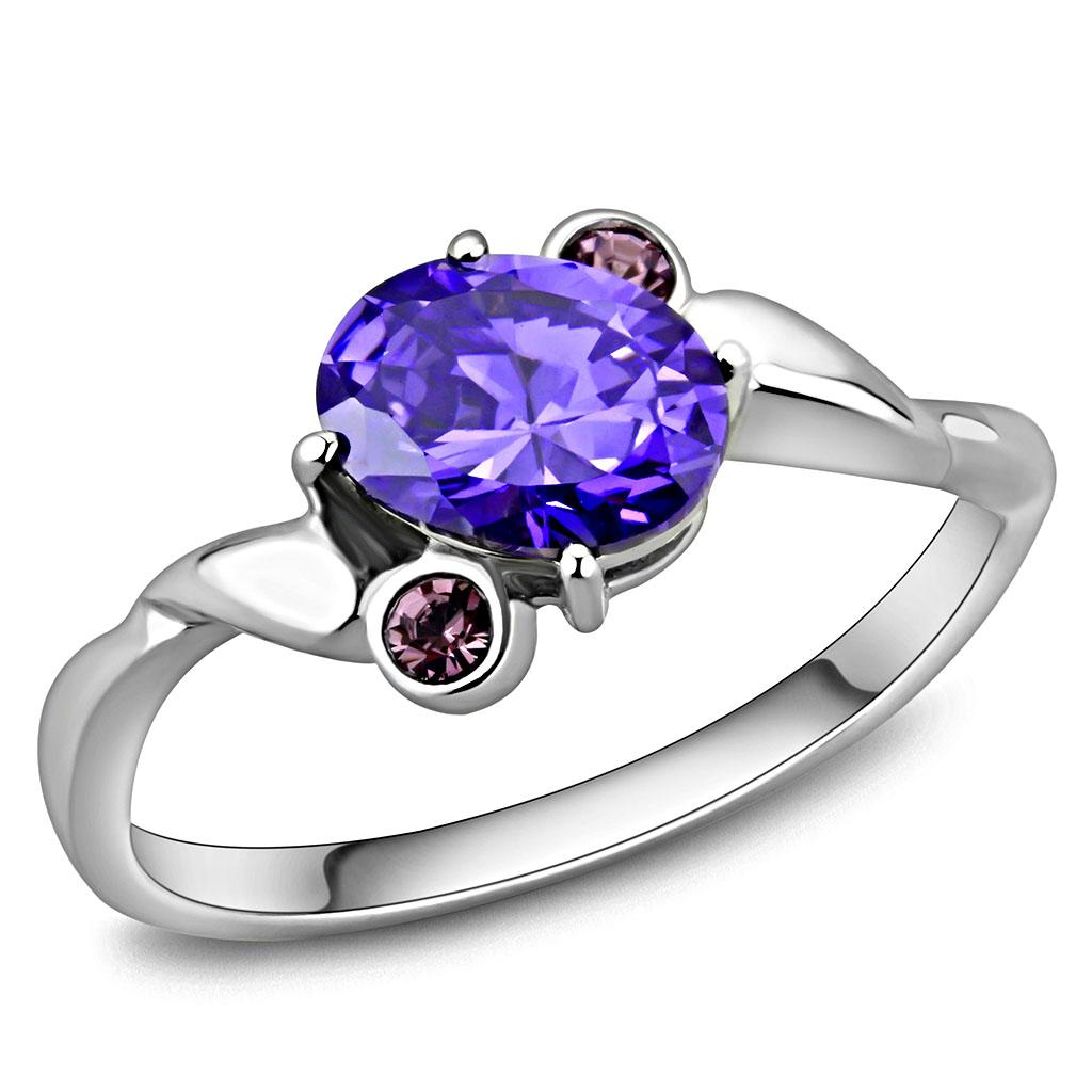 TK3525 - High polished (no plating) Stainless Steel Ring with AAA Grade CZ  in Tanzanite
