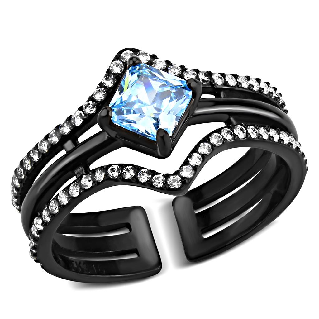 TK3562 - IP Black(Ion Plating) Stainless Steel Ring with AAA Grade CZ  in Sea Blue