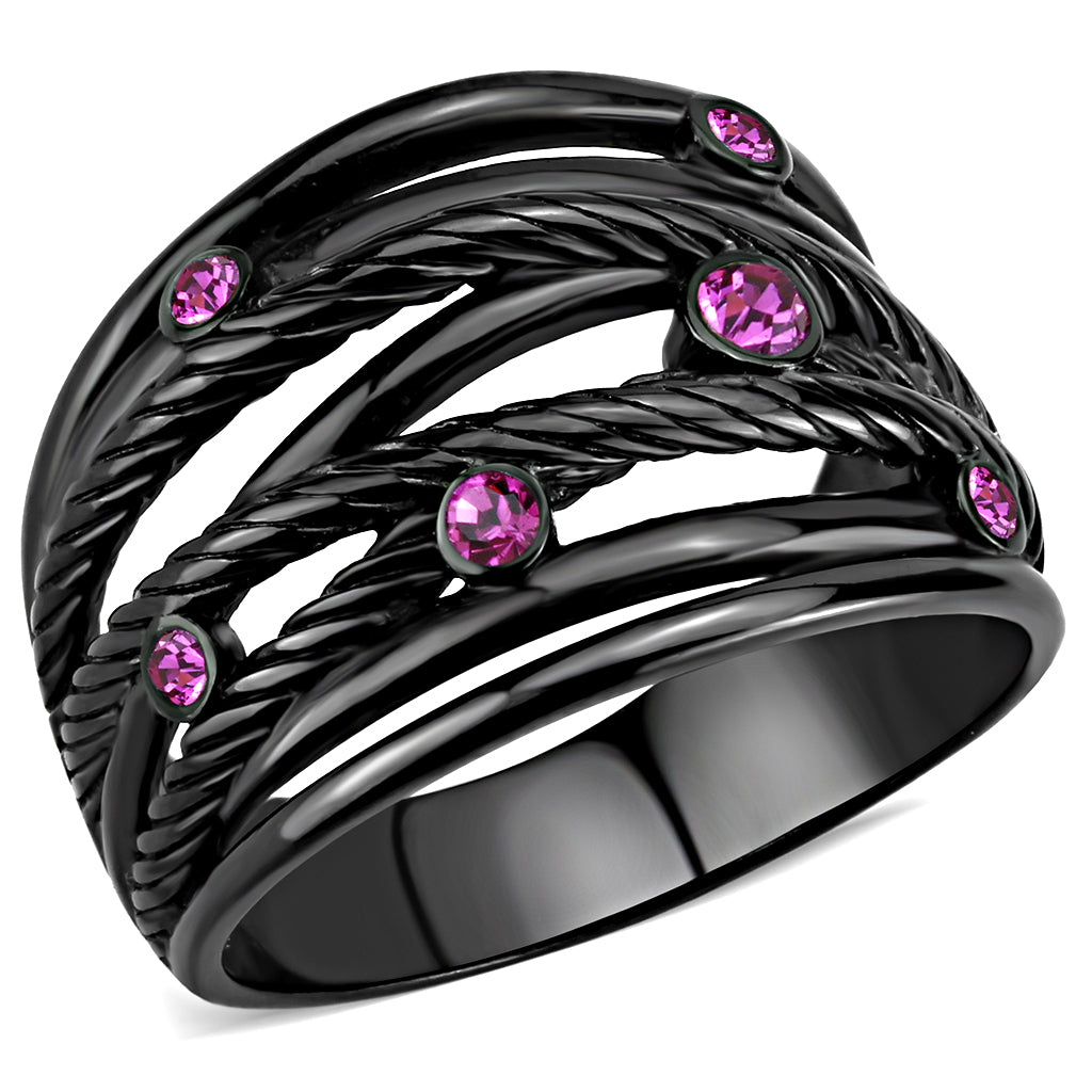 TK3565 - IP Black(Ion Plating) Stainless Steel Ring with Top Grade Crystal  in Fuchsia