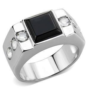 TK3615 - High polished (no plating) Stainless Steel Ring with Synthetic Onyx in Jet
