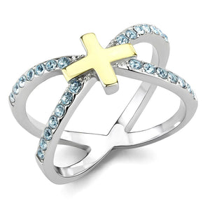 TK3636 - Two-Tone IP Gold (Ion Plating) Stainless Steel Ring with Top Grade Crystal  in Sea Blue