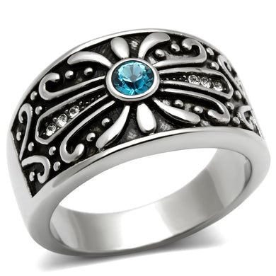 TK377 - High polished (no plating) Stainless Steel Ring with Top Grade Crystal  in Capri Blue