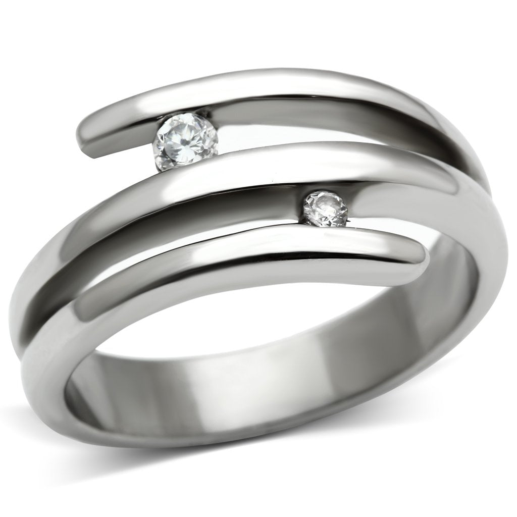 TK478 - High polished (no plating) Stainless Steel Ring with AAA Grade CZ  in Clear