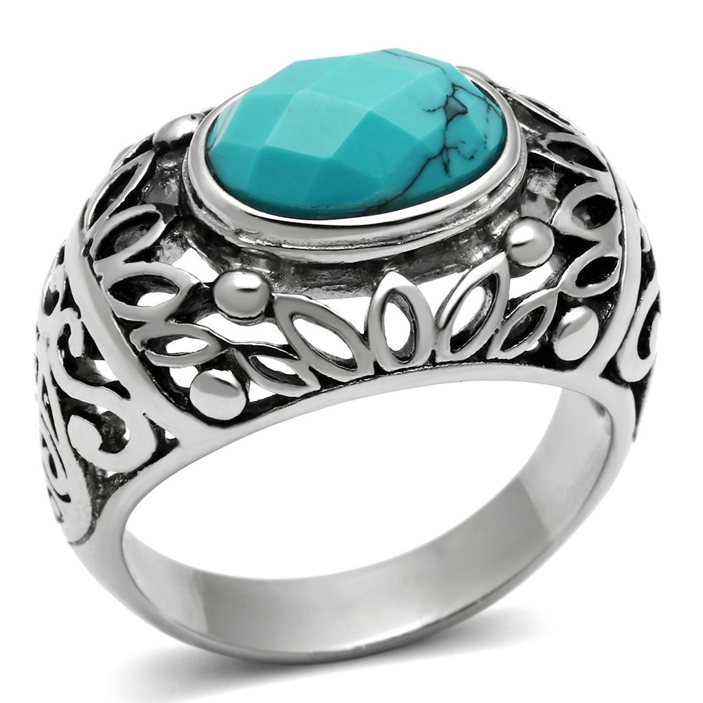 TK498 - High polished (no plating) Stainless Steel Ring with Synthetic Turquoise in Sea Blue