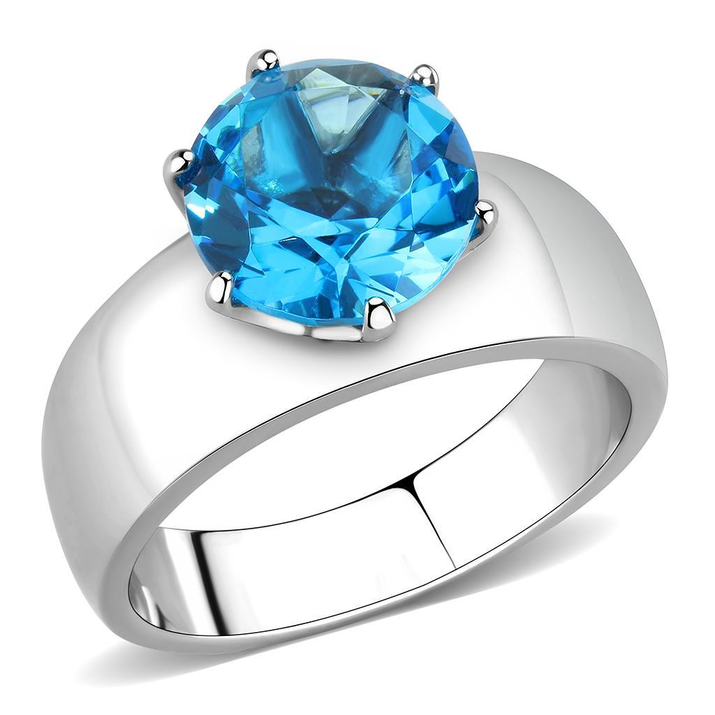 TK52003 - High polished (no plating) Stainless Steel Ring with Synthetic Synthetic Glass in Sea Blue