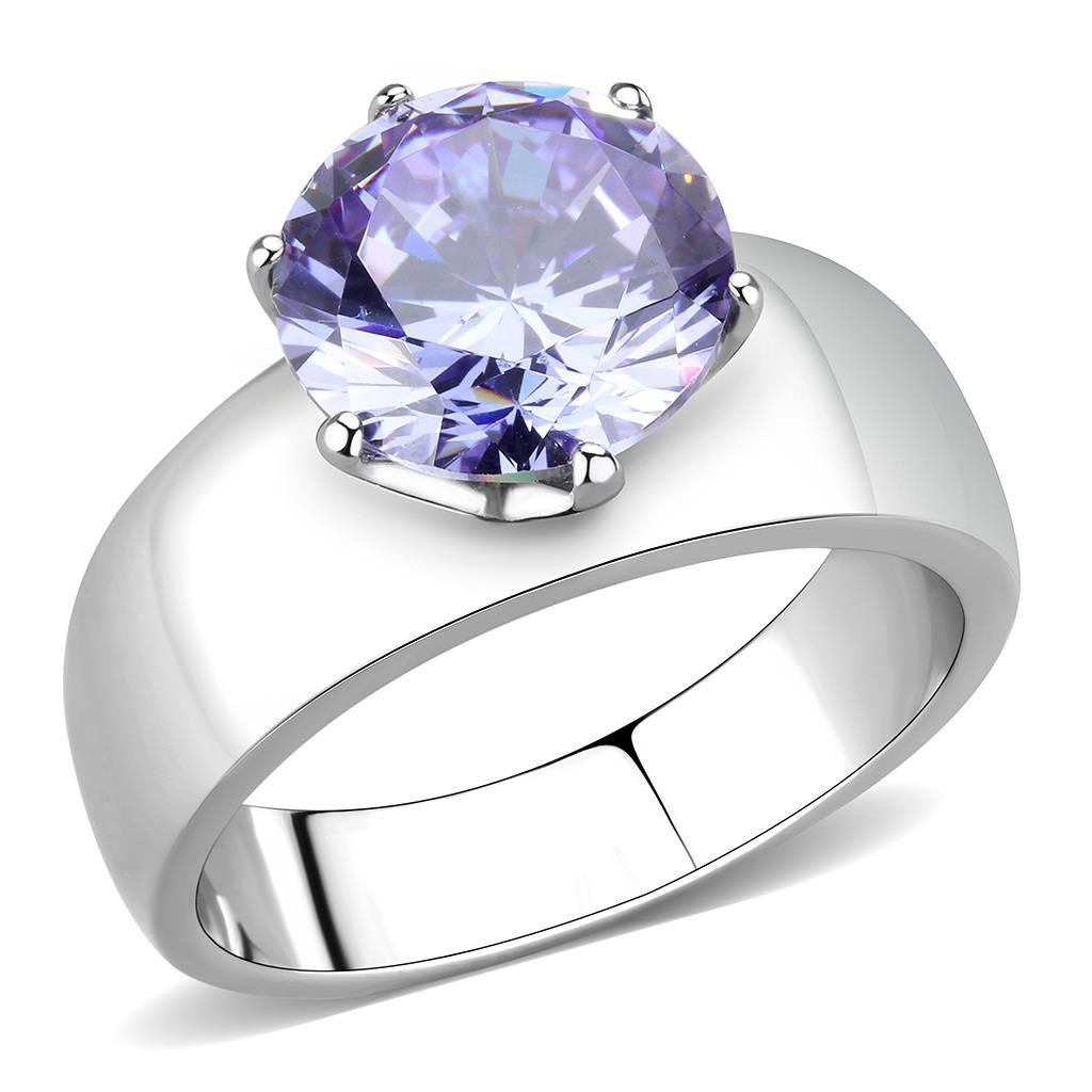 TK52006 - High polished (no plating) Stainless Steel Ring with AAA Grade CZ  in Light Amethyst