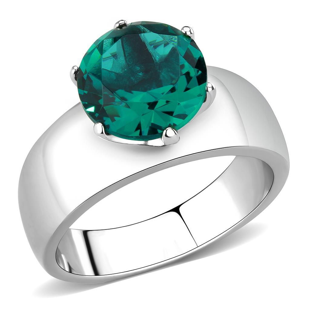 TK52012 - High polished (no plating) Stainless Steel Ring with Synthetic Synthetic Glass in Blue Zircon