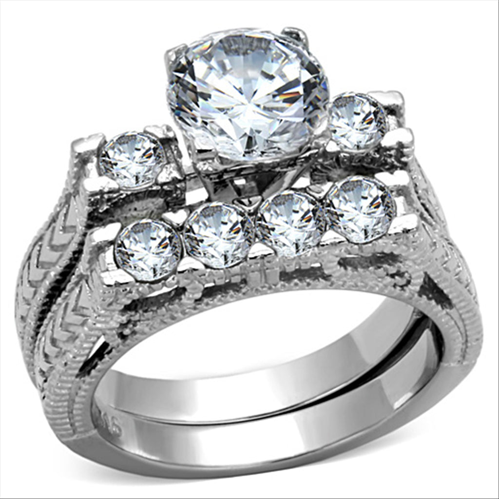 TK5X019 - High polished (no plating) Stainless Steel Ring with AAA Grade CZ  in Clear