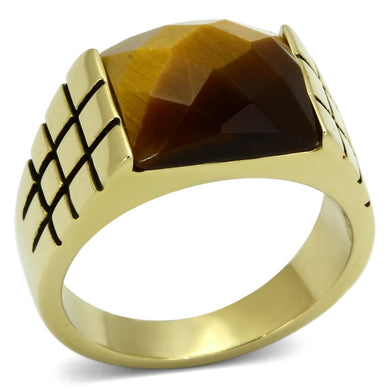 TK779 - IP Gold(Ion Plating) Stainless Steel Ring with Semi-Precious Tiger Eye in Topaz