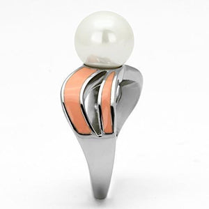 TK810 - High polished (no plating) Stainless Steel Ring with Synthetic Pearl in White