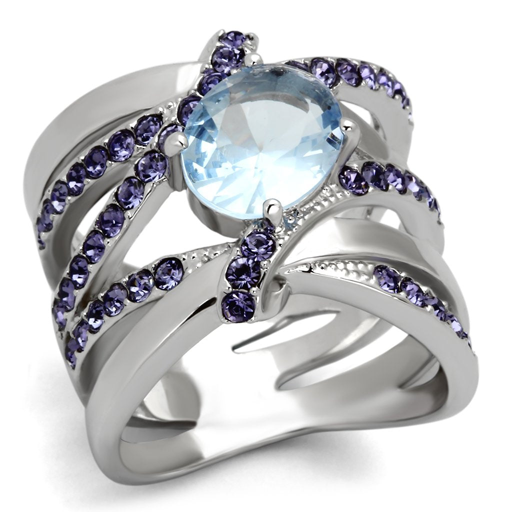 TK865 - High polished (no plating) Stainless Steel Ring with Synthetic Synthetic Glass in Light Sapphire