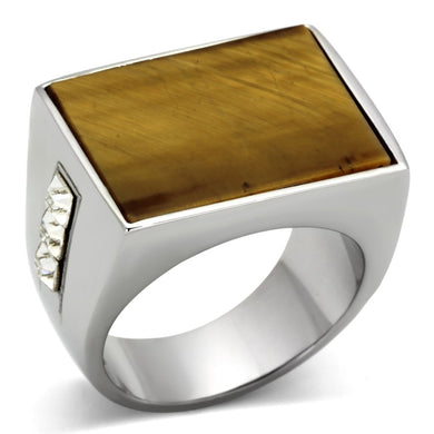 TK925 - High polished (no plating) Stainless Steel Ring with Synthetic Tiger Eye in Topaz
