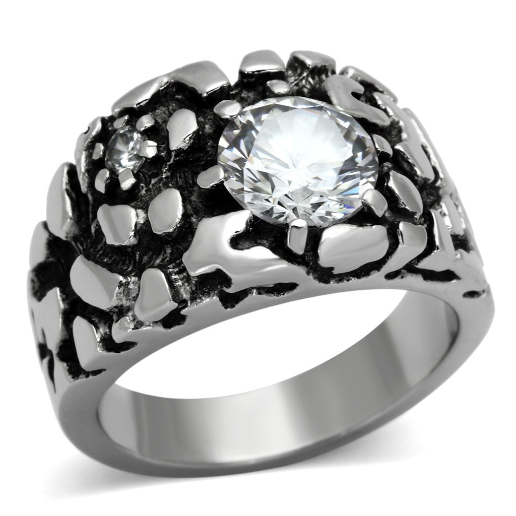 TK958 - High polished (no plating) Stainless Steel Ring with AAA Grade CZ  in Clear