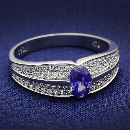 TS025 - Rhodium 925 Sterling Silver Ring with AAA Grade CZ  in Tanzanite