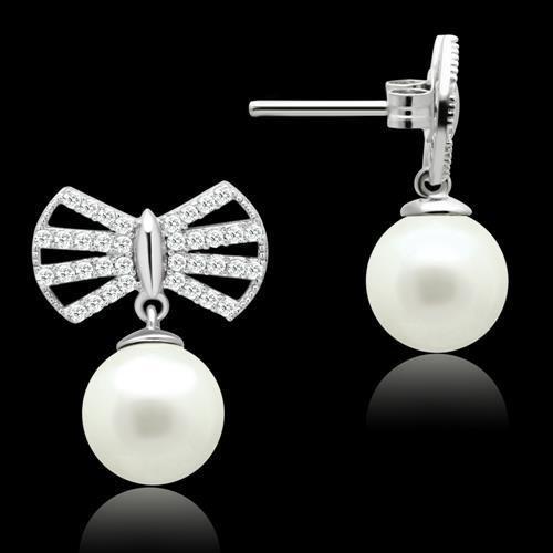 TS063 - Rhodium 925 Sterling Silver Earrings with Synthetic Pearl in White