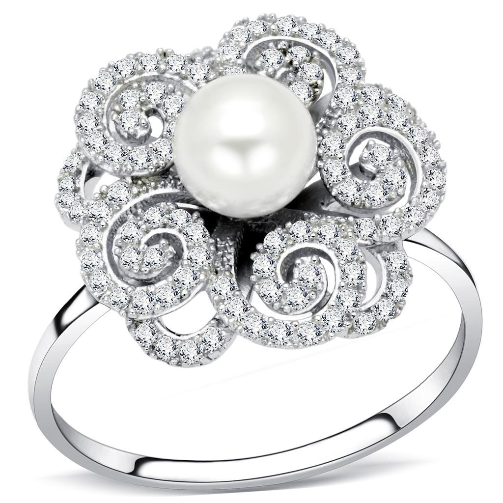 TS070 - Rhodium 925 Sterling Silver Ring with Synthetic Pearl in White