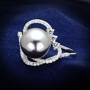 TS153 - Rhodium 925 Sterling Silver Ring with Synthetic Pearl in Gray