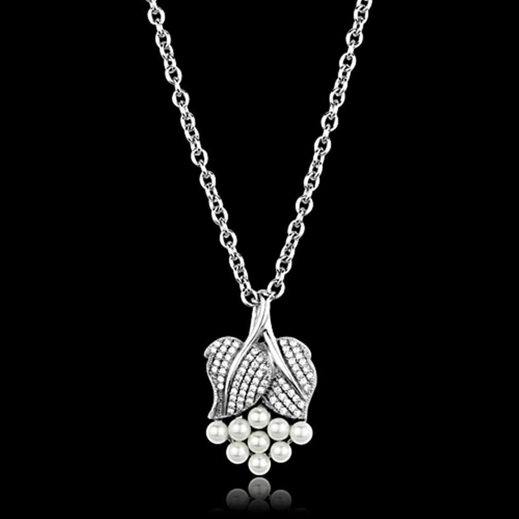 TS165 - Rhodium 925 Sterling Silver Chain Pendant with Synthetic Pearl in White