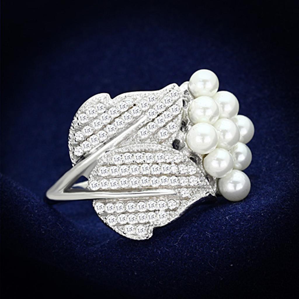 TS167 - Rhodium 925 Sterling Silver Ring with Synthetic Pearl in White