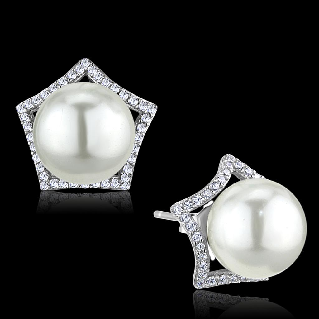 TS300 - Rhodium 925 Sterling Silver Earrings with Synthetic Pearl in White
