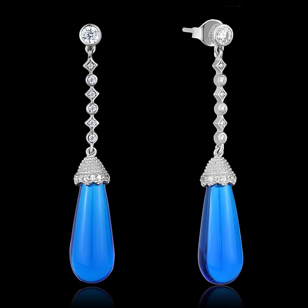 TS436 - Rhodium 925 Sterling Silver Earrings with Synthetic Synthetic Glass in Capri Blue