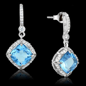 TS438 - Rhodium 925 Sterling Silver Earrings with Synthetic Synthetic Glass in Sea Blue