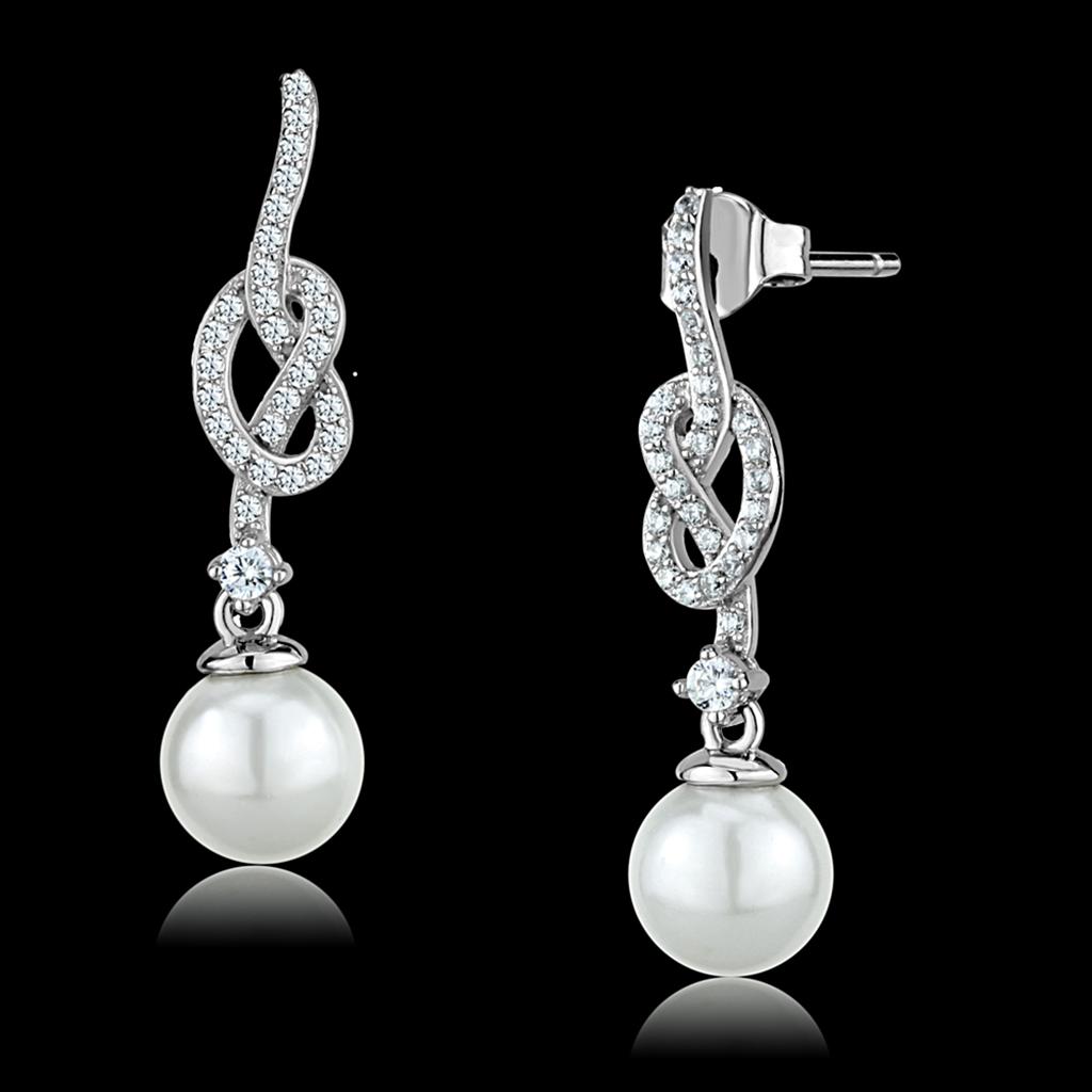 TS506 - Rhodium 925 Sterling Silver Earrings with Synthetic Glass Bead in White