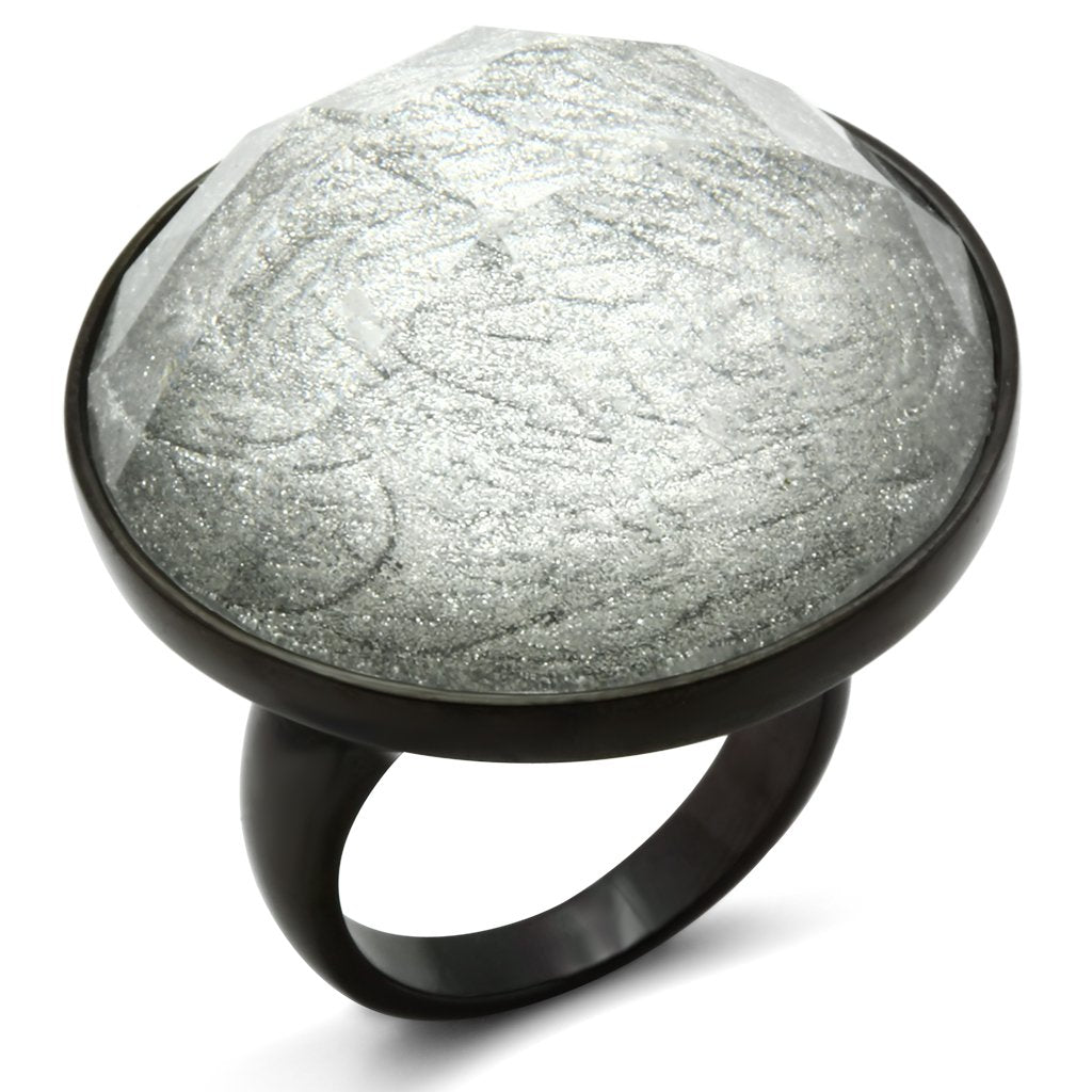 VL003 - IP Black(Ion Plating) Brass Ring with Synthetic Synthetic Stone in Light Gray